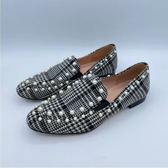 EUC J Crew Black and White Twwed Loafers with Faux Pearls - Picture 1 of 12